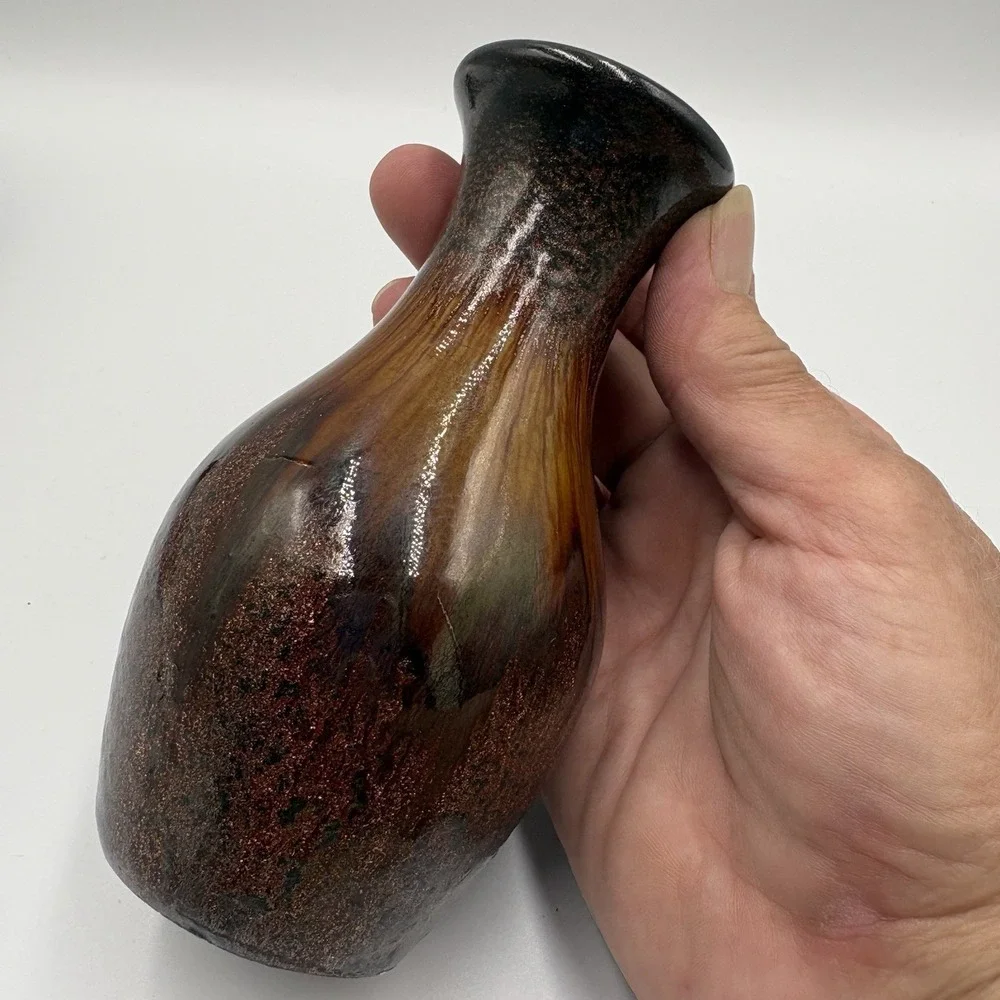 Vintage Small Art Pottery Bud Vase Pretty Drip Glaze Brown Gold Iridescent 5